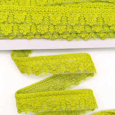 Green Net Lace Trim With Floral Embroidery And Gold Sequins, Sequinned Trim, Wedding Trim Bridal Trim